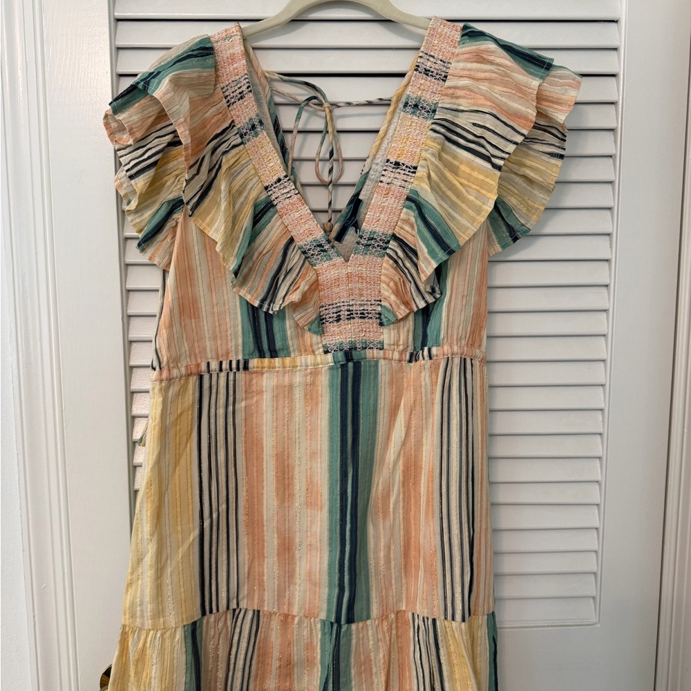 Striped Ruffle V-Neck Maxi Dress in Peach & Teal